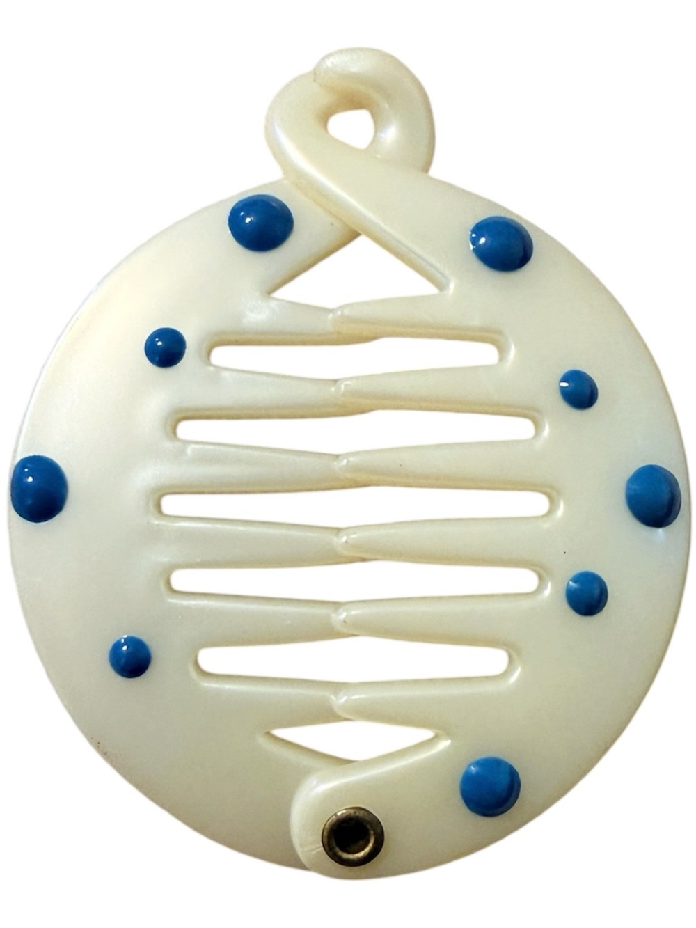 Vintage French Round Hair Claw with Blue Polka Dots, French Hair Clip, Unworn
